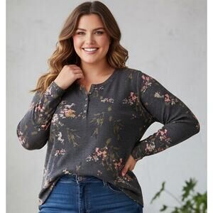 Terra & Sky Gray Floral Waffle Knit Henley Long Sleeve Women 4x (28W-30W)